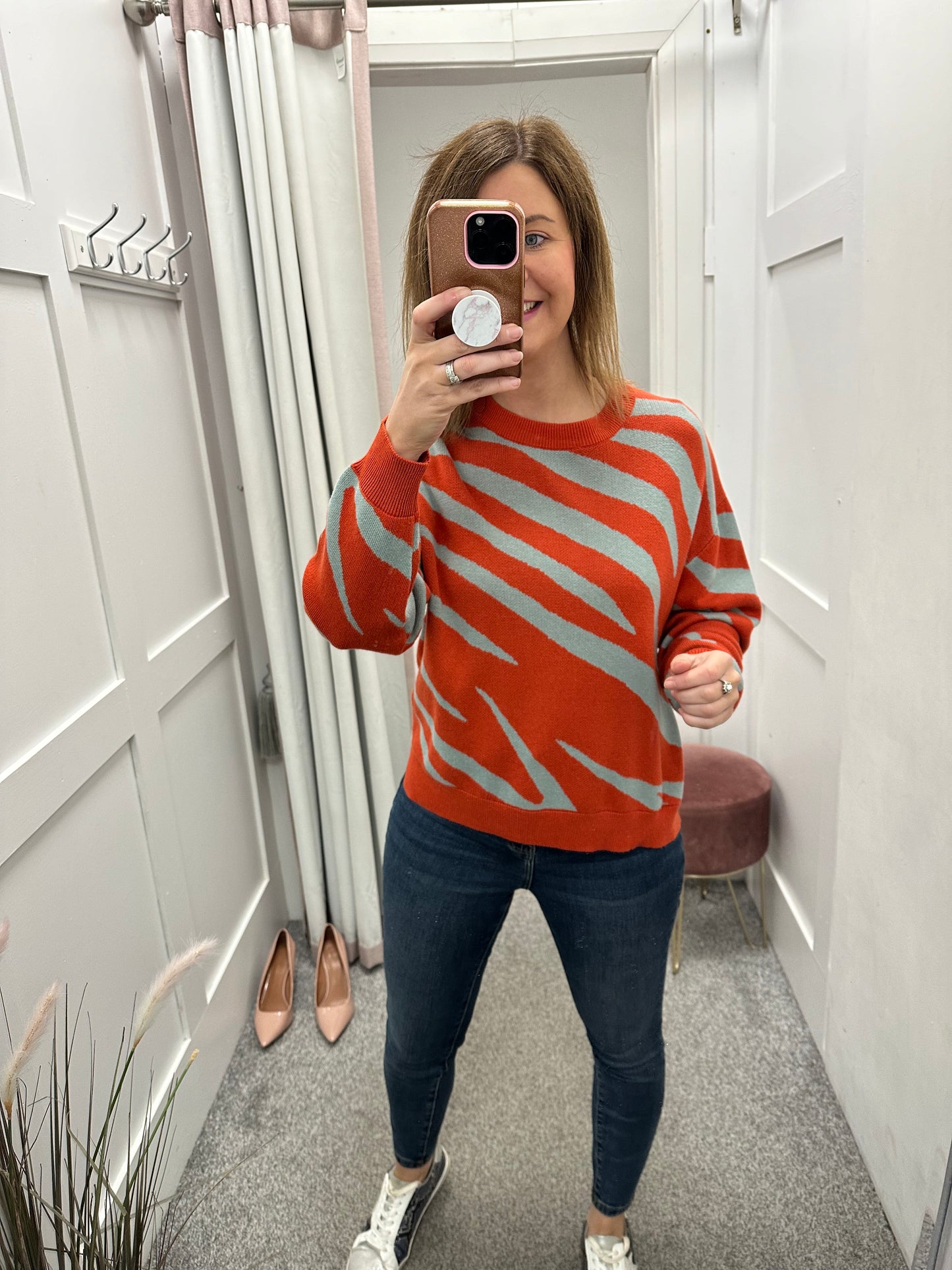 Orange and blue stripe knit jumper