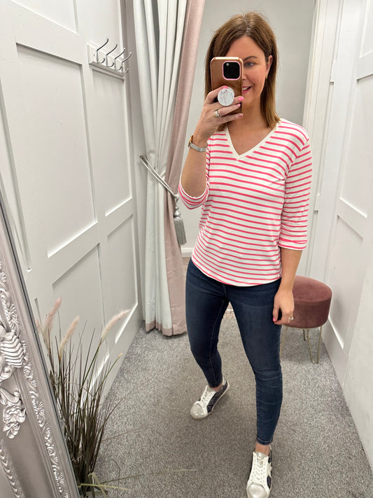 Pink and white v neck stripe top