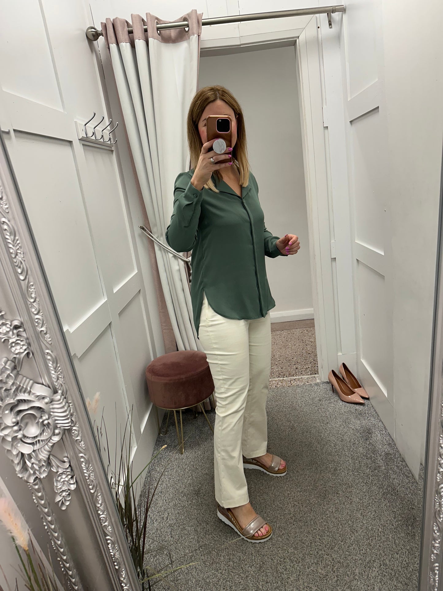 Khaki green v neck shirt