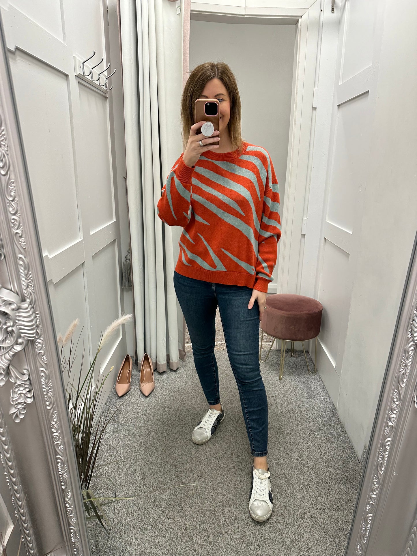 Orange and blue stripe knit jumper