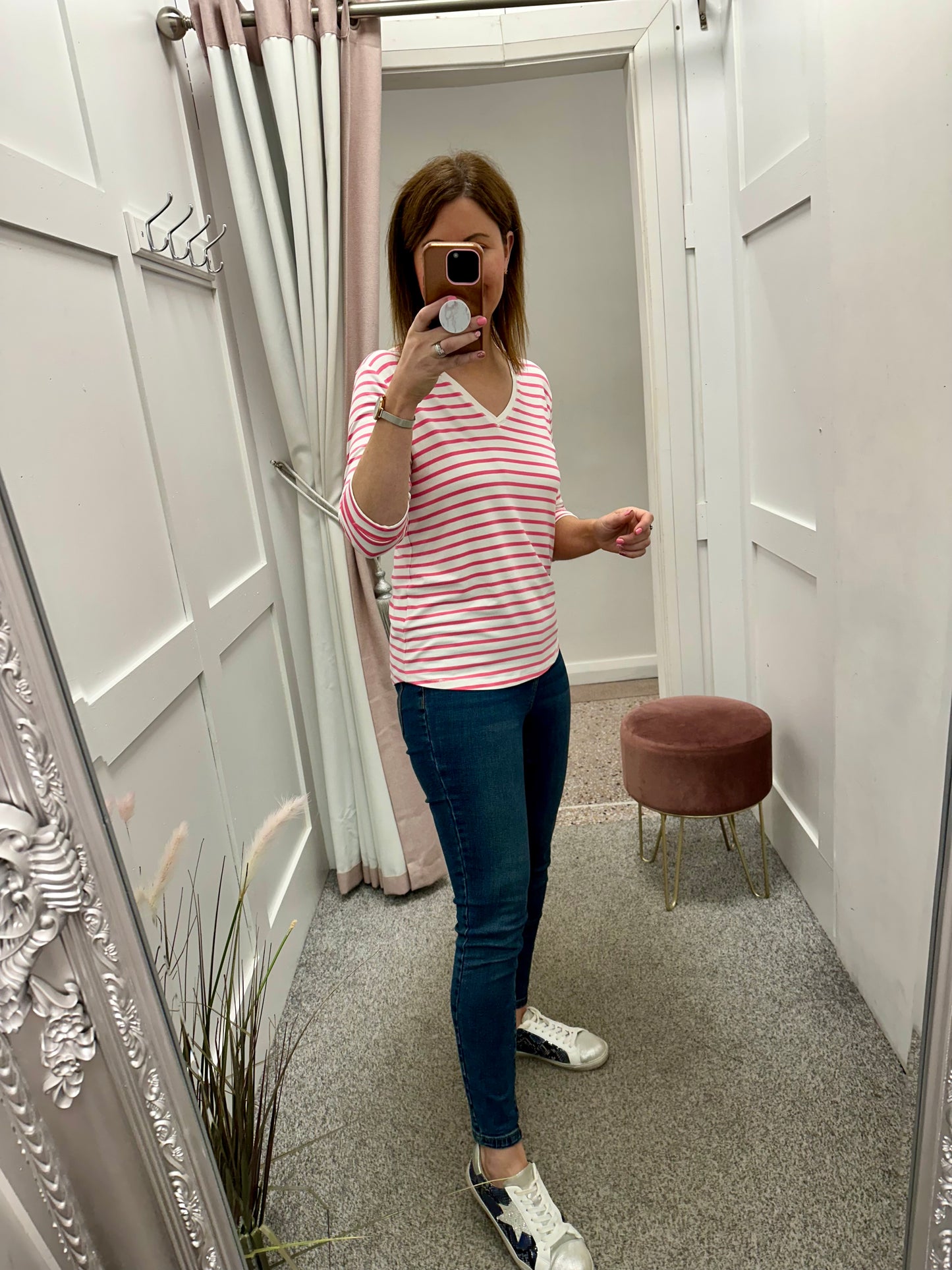 Pink and white v neck stripe top