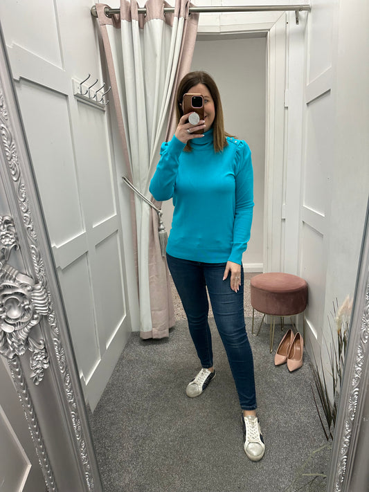 Turquoise blue roll neck fine jumper