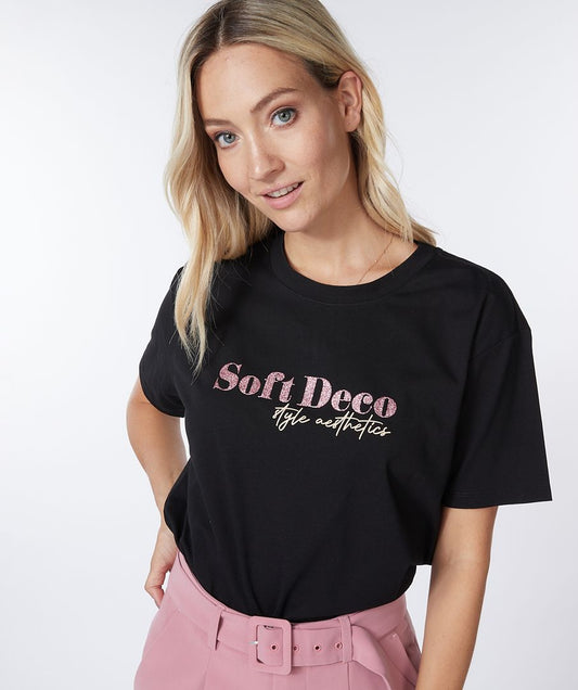 Soft deco slogan black t shirt