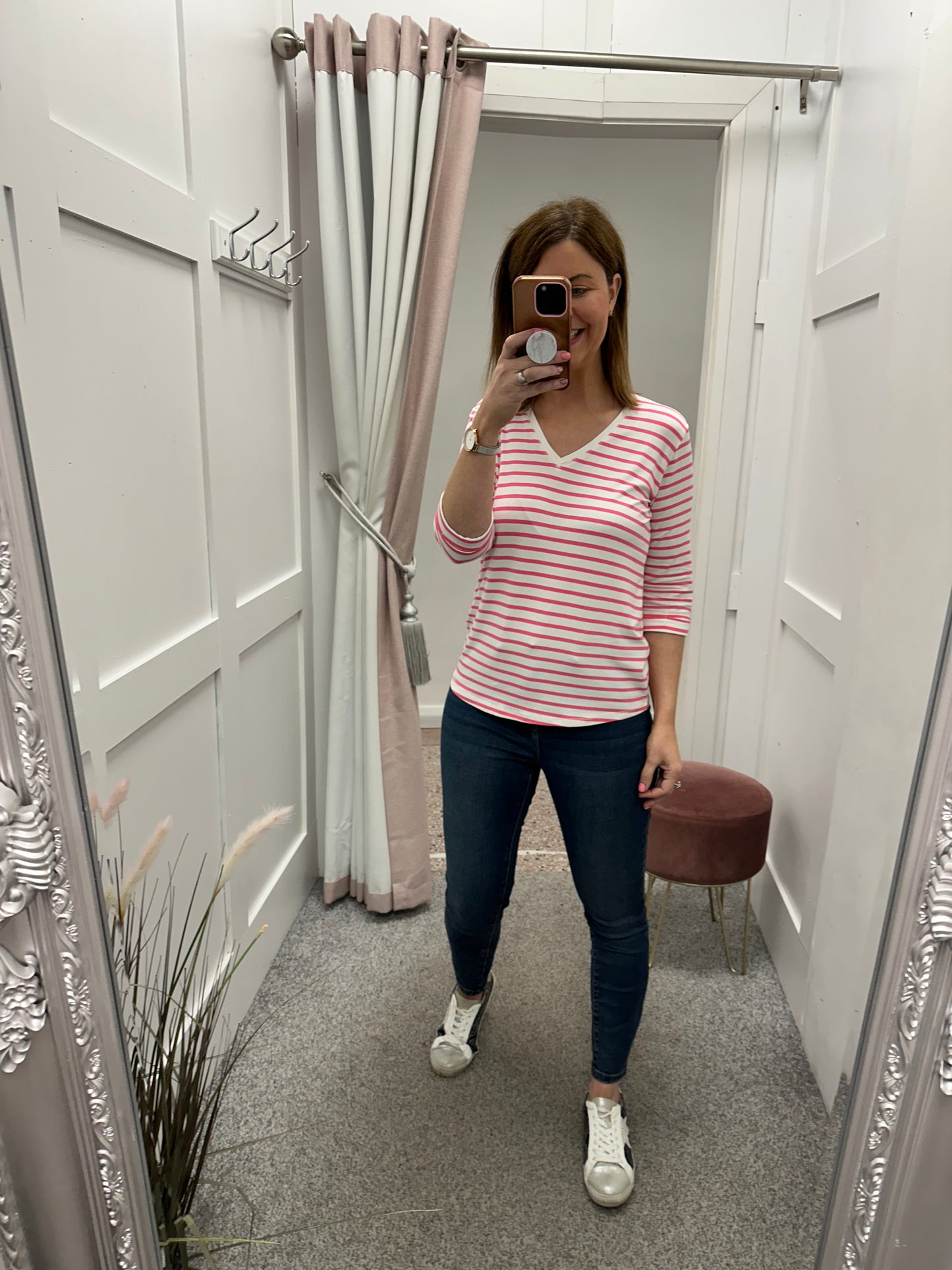 Pink and white v neck stripe top