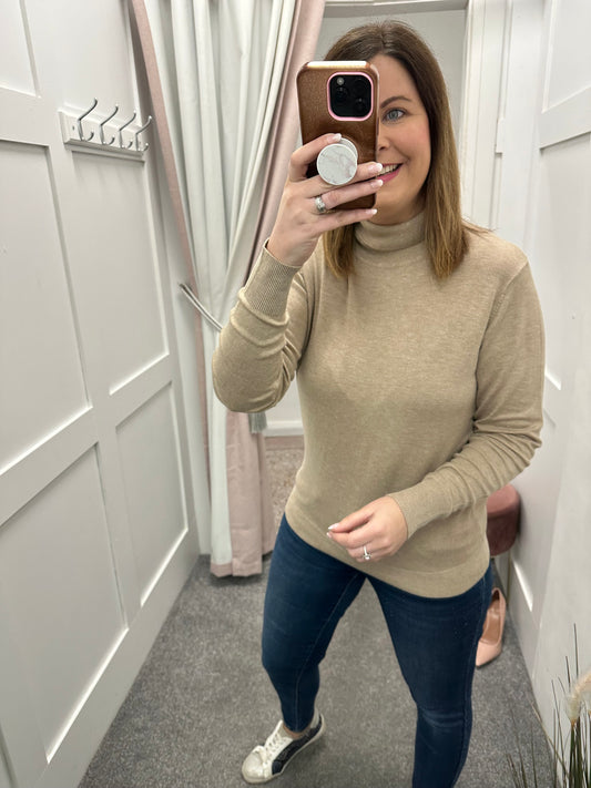 Oatmeal fine knit roll neck jumper