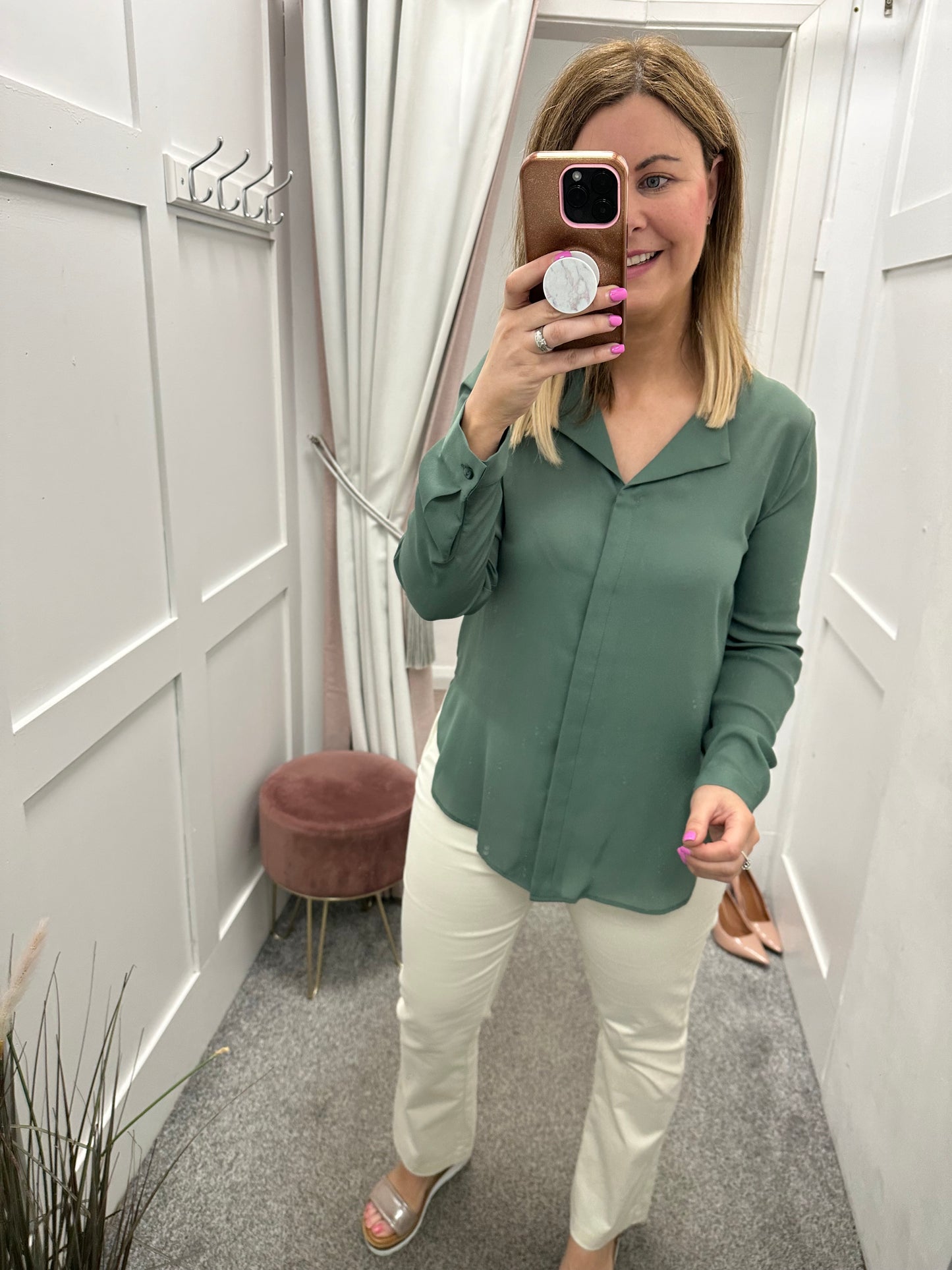 Khaki green v neck shirt