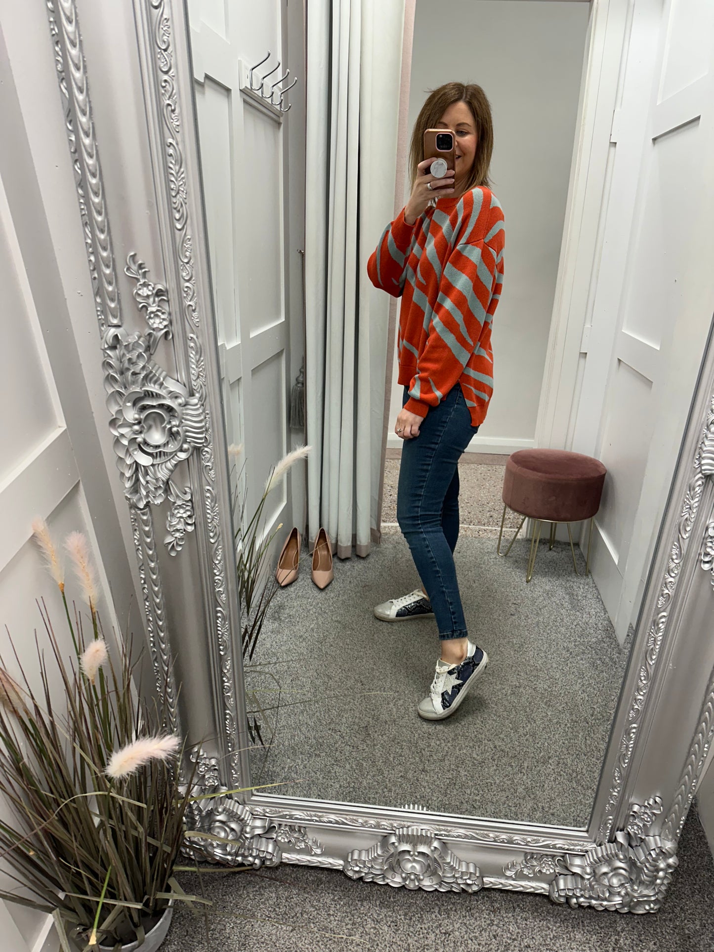 Orange and blue stripe knit jumper