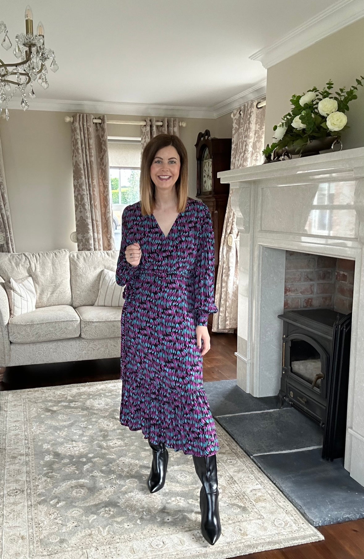 Purple, jade and black print dress