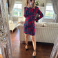 blue, black and red print dress