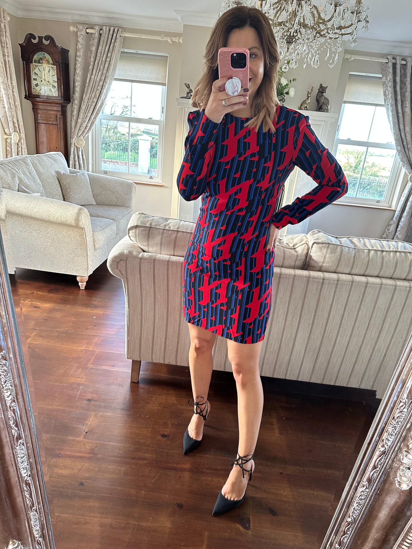 blue, black and red print dress
